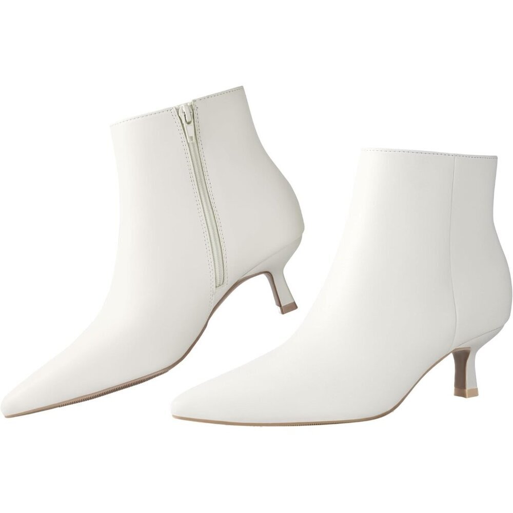 Women's White Kitten Heel Ankle Winter Dress Shoes Pointed Toe Side Zipper Boots